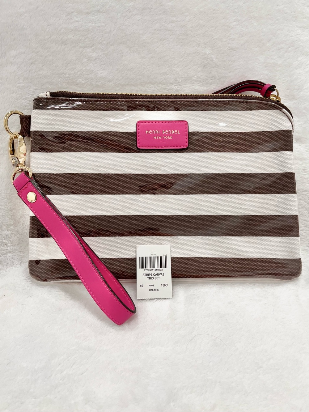 Henri Bendel NWT Iconic Brown and White Striped Wristlet with Hot Pink Trim